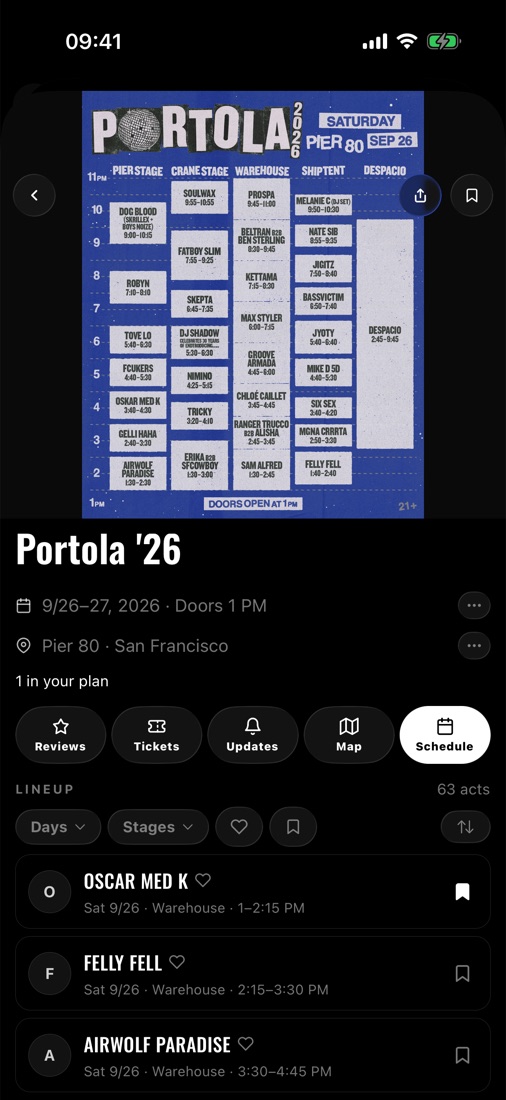 RaveHop Lineup screen