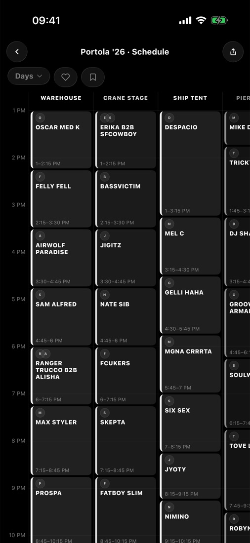 RaveHop Schedule screen